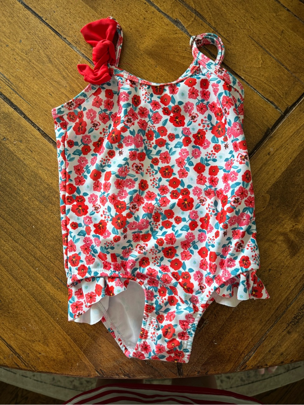 SHEIN Red Floral One-Piece Swimsuit with Bow Accent